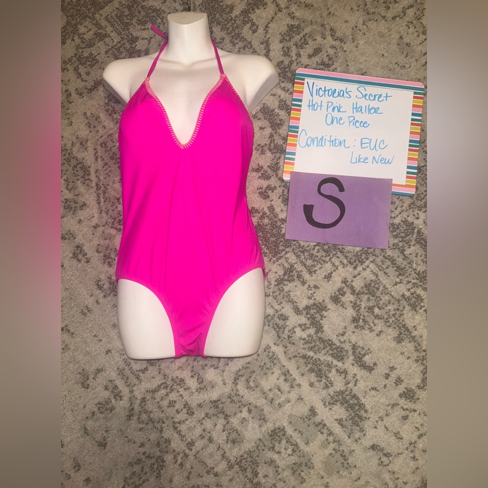 VICTORIAS SECRET Hot Pink Halter OnePiece Suit Exposed Stitch Plunge V-Neck sz S